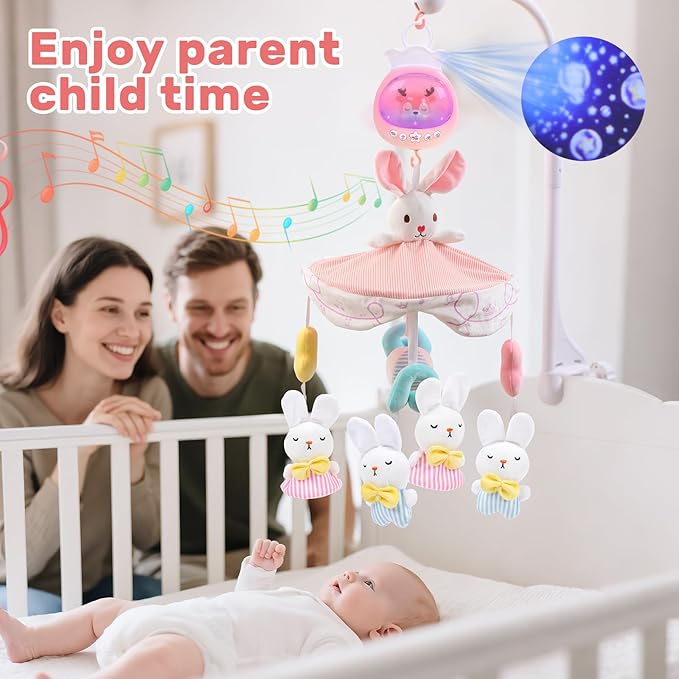 Baby Crib Mobile for Girls with Music, Lights & Projection, Adjustable Volume, 360° Rotating Plush Crib Toys with Detachable Musical Box, Hanging Mobile for Crib, Nursery Decor-CubbioJoy
