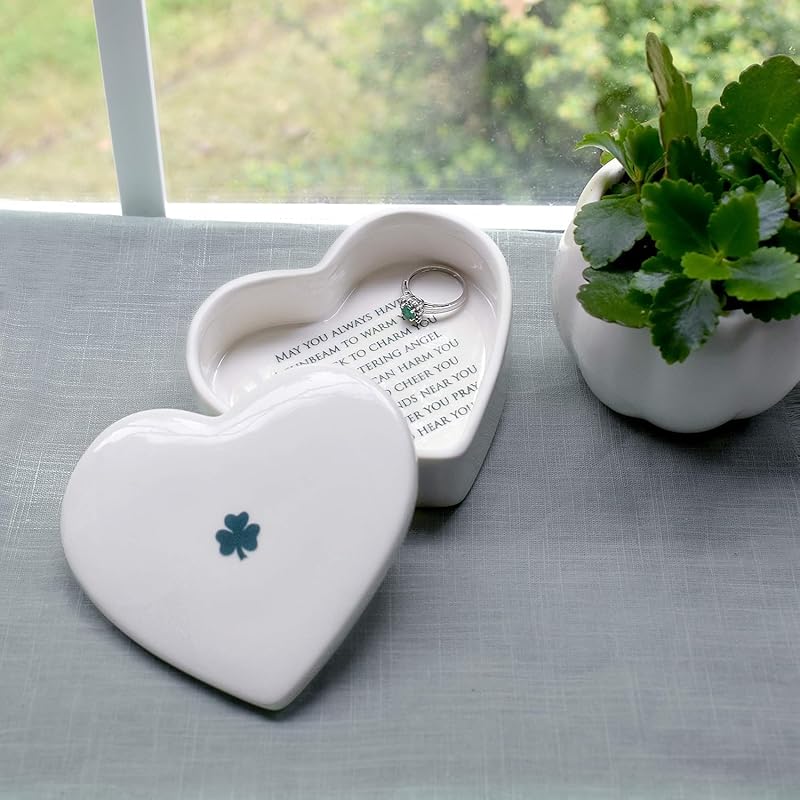 Baptism Gift, First Communion Gift, or Confirmation Gift, Handmade Heart Ceramic Keepsake Box with Irish Blessing and Shamrock in Green-CubbioJoy