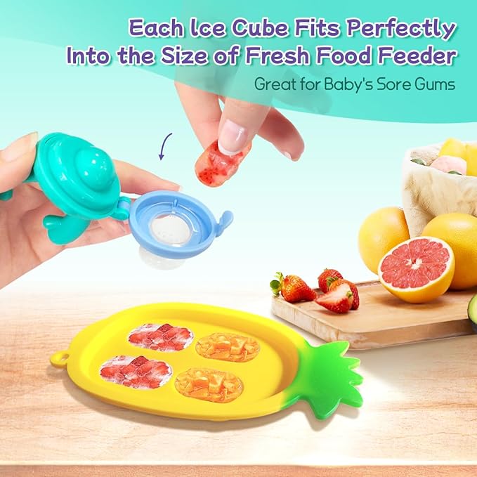 Baby Fruit Food Feeder - Silicone Nibble Tray Combo - Breastmilk Popsicle Mold for Cooling Relief, BPA Free Mesh Feeder for Infant Self Feeding (Antler Blue + Pineapple)-CubbioJoy
