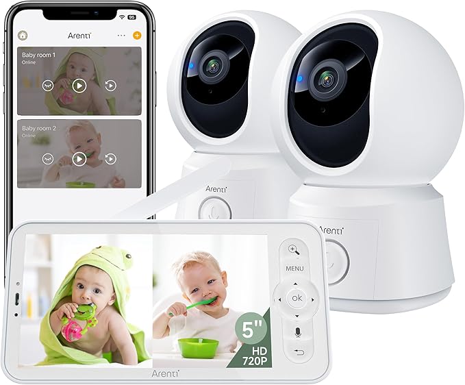 ARENTI Baby Monitor 2 Cameras, Smart Baby Camera with 5-Inch Wireless Display, Super Night Vision, Temperature Sensor, Sound Detection, Auto Motion Tracking, 2-Way Audio, VOX Mode(B2 Set)-CubbioJoy