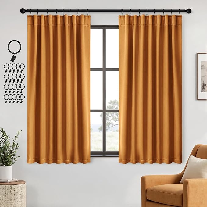 ANRODUO Back Tab Blackout Curtains for Bedroom Living Room, Rod Pocket Pinch Pleated Thermal Insulated Room Darkening Curtains 63 Inches Long 2 Panels, Mustard Yellow, 42 x 63 Inch-CubbioJoy