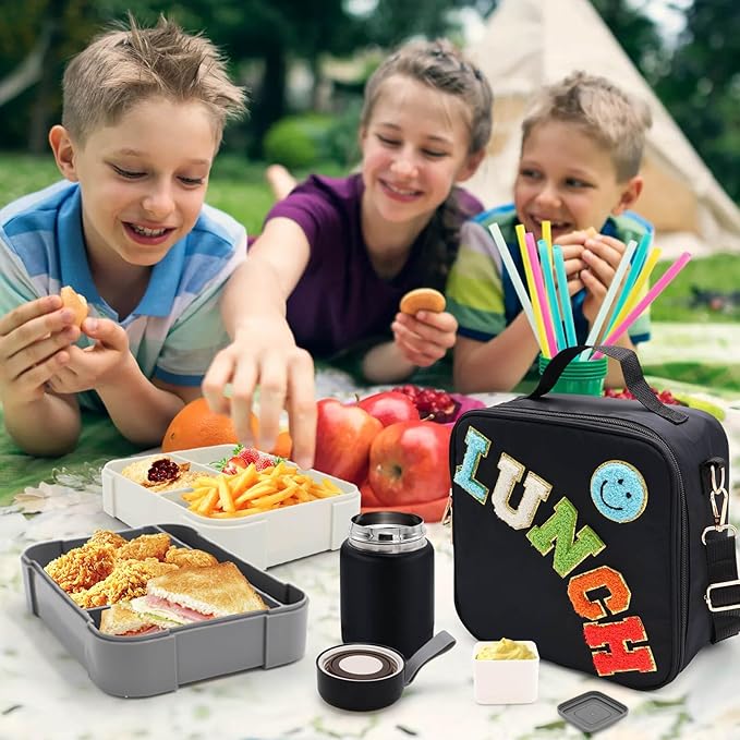 Insulated Lunch Bag for Boys Girls with 10oz Thermo, with 6 Compartment Bento Box, Black Nylon Preppy Lunch Box Adjustable Strap for Boy Girl Kids Teens School Travel Picnic-CubbioJoy