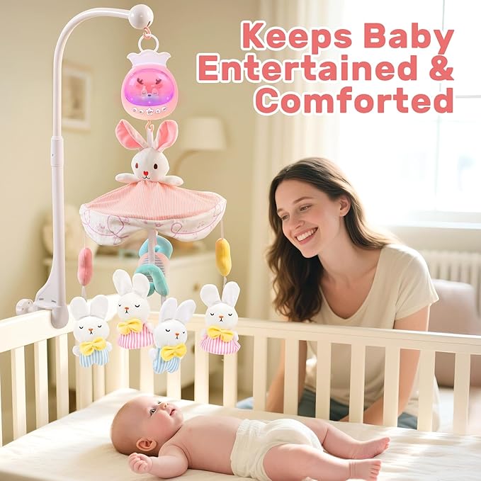 Baby Crib Mobile for Girls with Music, Lights & Projection, Adjustable Volume, 360° Rotating Plush Crib Toys with Detachable Musical Box, Hanging Mobile for Crib, Nursery Decor-CubbioJoy