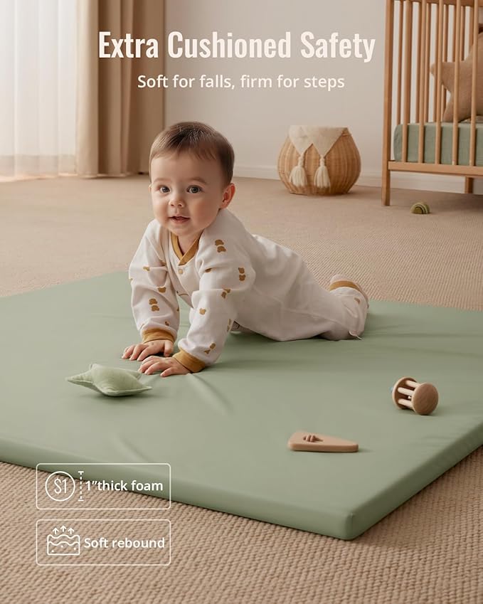 Blissful Diary Vegan Leather Baby Play Mat, 47x47 Thicken Foam Cushioned & Waterproof Playpen Mat for Infants and Toddlers, Stylish and Just Wipe-Clean Playmat for Baby Play on Floor, Light Green-CubbioJoy