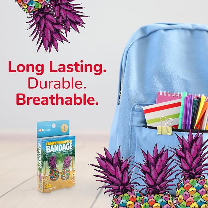 BioSwiss Bandages, Funky Pineapple Shaped Self Adhesive Bandage, Latex Free Sterile Wound Care, Fun First Aid Kit Supplies for Kids, 24 Count-CubbioJoy