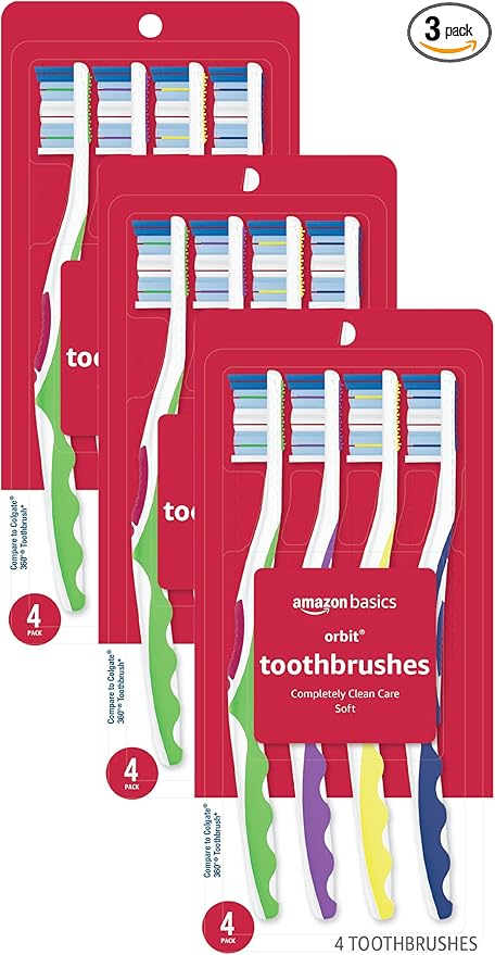 Amazon Basics Orbit Toothbrushes, Soft, Full, 4 Count, Assorted Colors (Previously Solimo) (Pack of 3)-CubbioJoy