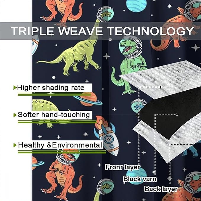 Cartoon Dinosaur Curtains for Kids Boys Girls Home Decor, Astronaut Rocket Funny Outer Space Blackout Rod Pocket Window Drapes for Bedroom Living Room W36xL63in 2 Panels-CubbioJoy