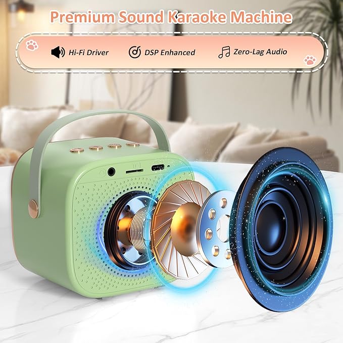 J&D Mini Karaoke Machine for Kids Adults, Portable Bluetooth Speaker with 2 Wireless Mics and Cat Sticker for Girls Boys Age 3–10 Birthday Gifts Princess Toys, Colorful LED, Green-CubbioJoy