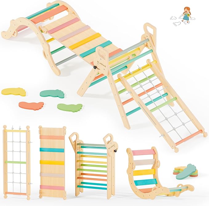 BlueWood 10-in-1 Pikler Triangle Set, Toddler Climbing Toys Indoor, Montessori Climber, Baby Jungle Gyms with Arch, Extra Rope Ladder & Footprint Balance Beam - Rose Garden-CubbioJoy