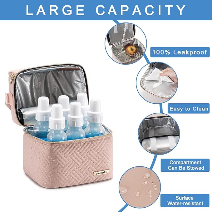 Breastmilk Cooler Bag with Ice Pack Fits 6 Baby Bottles up to 9 Ounce, Breast Milk Pump Cooler Bag with Shoulder Strap for Nursing Mom Daycare, Work, Travel- Pink-CubbioJoy