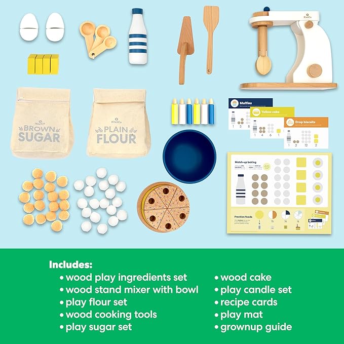 Bake-a-Cake Stand Mixer | KiwiCo Play Kitchen | Kids Baking Set Ages 3+ | Learn Early Math with Wooden Kitchen Play Set | Includes Ingredients, Stand Mixer, Measuring Spoons, Recipe Cards and More-CubbioJoy