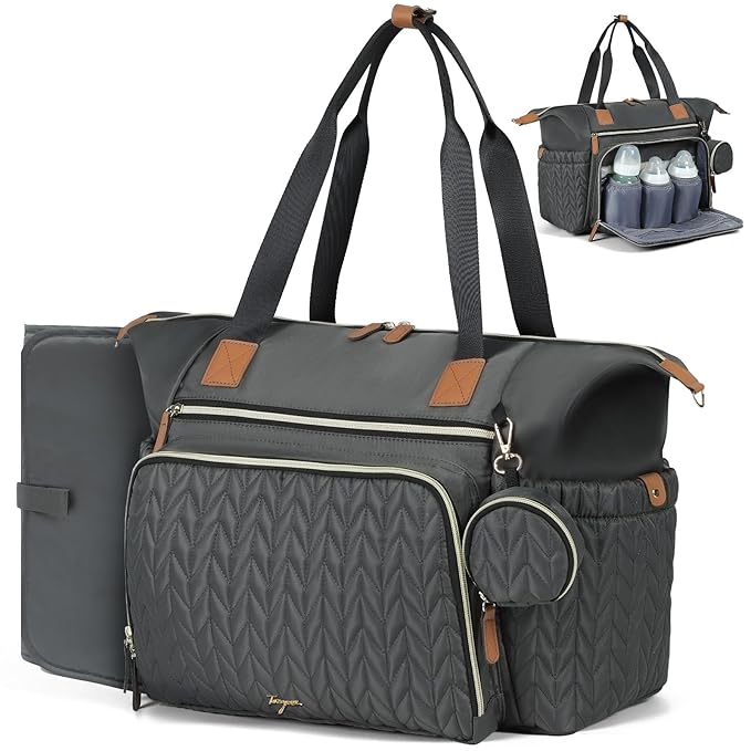 Diaper Bag Tote, Large Baby Diaper Bags Waterproof, Hospital Bag for Labor Delivery with Pacifier Case, Changing Pad, Shoulder Strap, Dark Gray-CubbioJoy