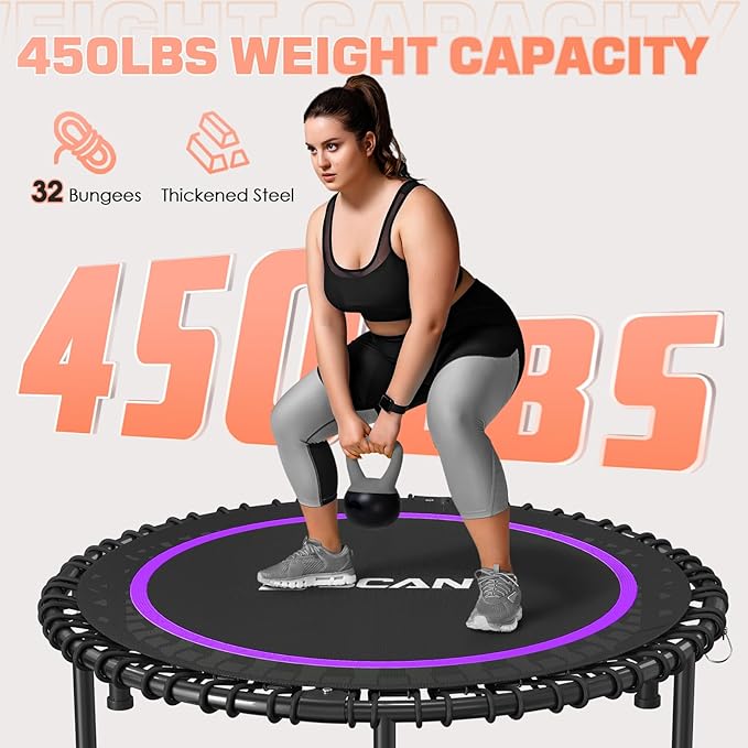 BCAN 40"/48" Mini Rebounder Trampoline for Adults with Bar, 450/550LBS Fitness Trampoline with Bungees, Adjustable Handle, Stable & Quiet, Indoor Outdoor, Whole-Body Workout & Relaxation at Home-CubbioJoy
