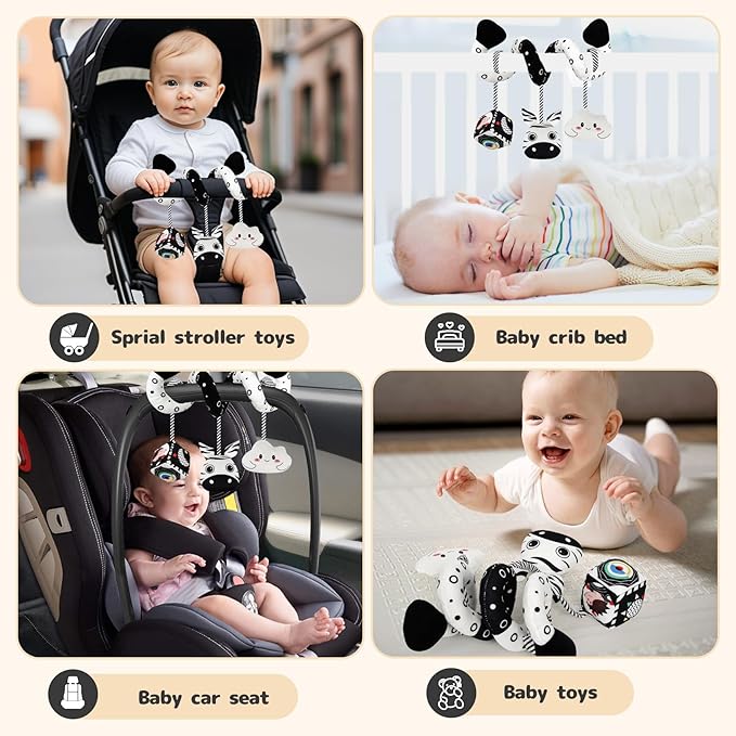 Car Seat Toys for Babies 0-6 Months,Hanging Rattle Toys for Crib Mobile, Baby Spiral Hanging Stroller Black and White High Contrast Toys for Newborn 0 3 6 9 12 Months Baby Boys Girls (Zebra)-CubbioJoy