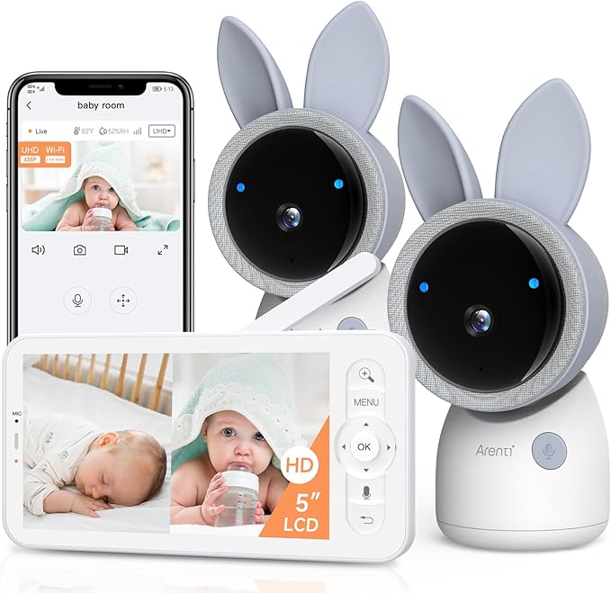 ARENTI 4MP 2.4G&5G WiFi Baby Monitor with 2 Cameras and Audio, Night Light, Auto Traking, Cry&Motion Detection, Temperature Sensor, App Control-CubbioJoy