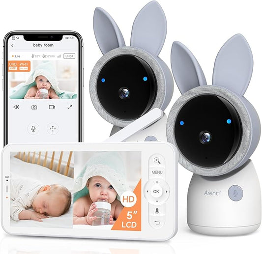 ARENTI 4MP 2.4G&5G WiFi Baby Monitor with 2 Cameras and Audio, Night Light, Auto Traking, Cry&Motion Detection, Temperature Sensor, App Control-CubbioJoy