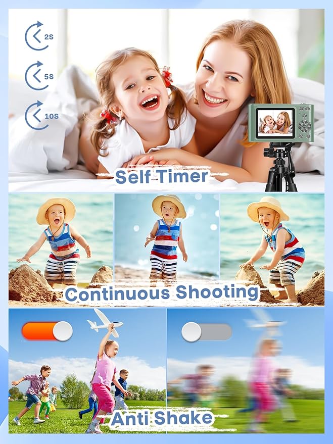 Digital Camera, 44MP Full HD 1080P Point and Shoot Camera with 64GB Card, Anti Shake 16X Zoom Compact Volg Cameras, Portable Small Camara Gift for Kids, Ages Teen Girl Boy - Green-CubbioJoy