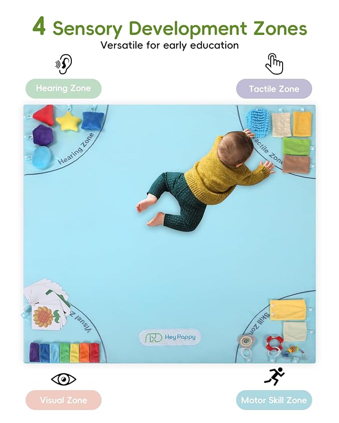 Baby Play Mat, 50''x50'' Playpen Mats with 4 Sensory Development Zones for Motor Skills, Unique Crawling Mats with Non-Slip Cushioned that Fits Nicely into Any Playroom, Blue-CubbioJoy