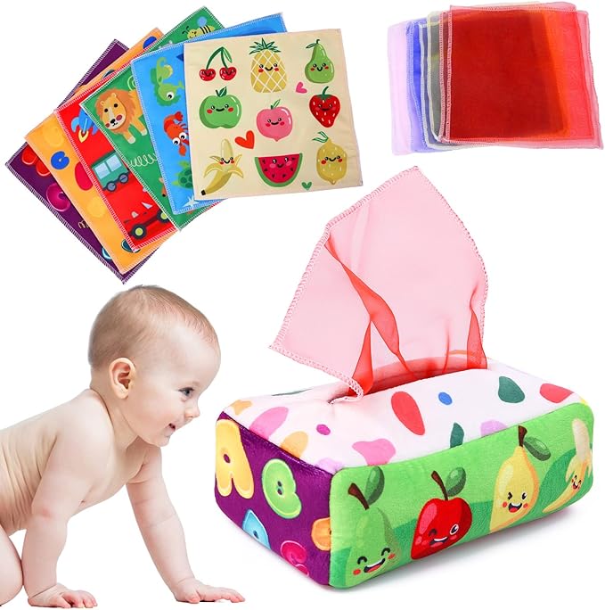 Baby Toys 6 to 12 Months - Tissue Box Toy Montessori for Babies 6-12 Months, Soft Stuffed High Contrast Crinkle Infant Sensory Toys, Boys&Girls Kids Early Learning Gifts-CubbioJoy
