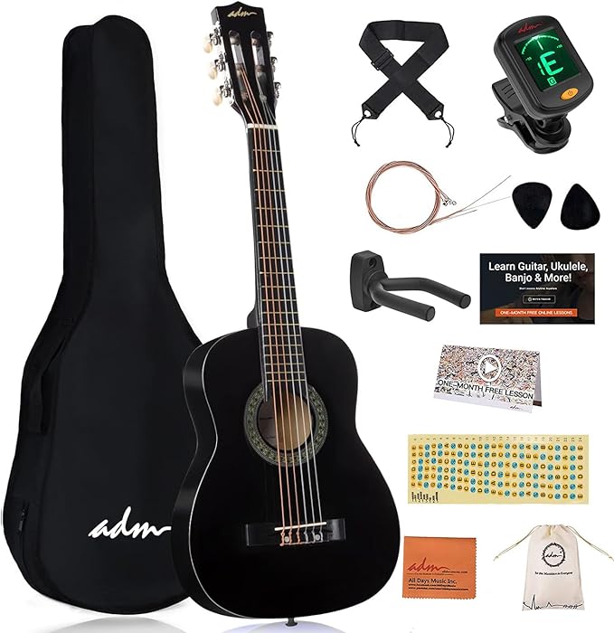 ADM Beginner Acoustic Classical Guitar 30 Inch Nylon Strings Wooden Guitar Bundle Kit for Kid Boy Girl Student Youth Guitarra Online Lessons with Gig Bag, Strap, Tuner, Extra Strings, Picks,Black 1-CubbioJoy