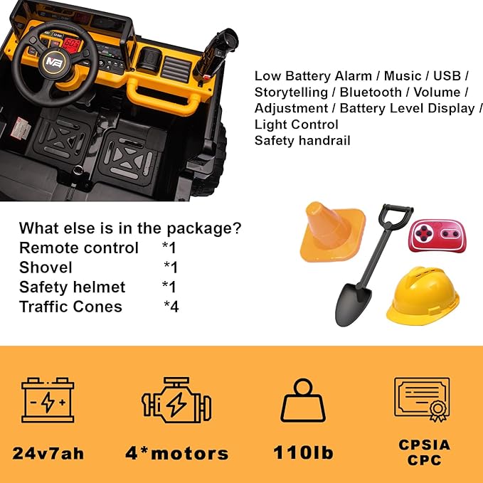 24V Ride On Dump Truck, 24inch-2 Seater Ride On Car for Kids w/Remote Control 4WD/2WD Up to 5 Mph, 24v Ride on Toys for Big Kids w/Electric Dump Bed Extra Shovel Traffic Cones (Yellow)-CubbioJoy