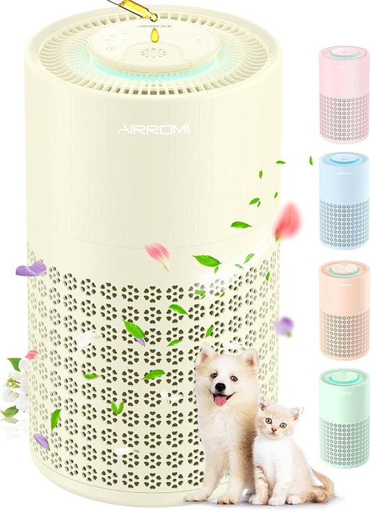 AIRROMI Air Purifier for Bedroom with HEPA Fet Filters, Pet Air Purifiers for Home Cat Pee Smell, Covers Up to 990Ft², Quiet 360° intake Air Cleaner for Allergies Dust Smoke Odor A2001 Yellow-CubbioJoy