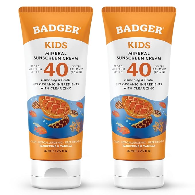 Badger Kids Mineral Sunscreen Cream SPF 40, 98% Organic Ingredients, Zinc Oxide Sunscreen for Kids Face & Body, Water Resistant, Reef Friendly, Hawaii Approved Sunblock, 2.9 fl oz, 2-Pack-CubbioJoy