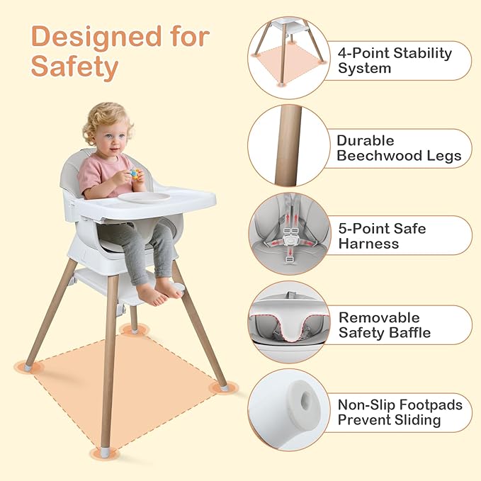 9 in 1 Convertible Baby High Chair with Booster, Wooden Highchair for Babies and Toddlers with Adjustable Tray & 5-Point Harness, Multi-Functional Growing Seat for Feeding, Learning & Play, Gray-CubbioJoy