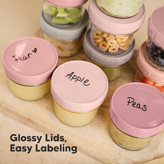 KeaBabies 12pk 4oz Glass Baby Food Containers with Lids - Leak-Proof, Microwavable Small Glass Jars, Baby Purees & Toddler Snack Storage Containers, BPA-Free, Dishwasher & Freezer Safe (Roseate)-CubbioJoy