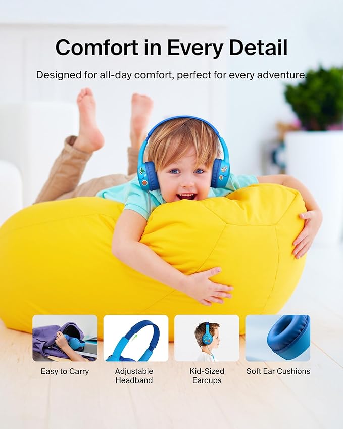 Belkin SoundForm Mini Kids Wired Headphones w/USB C to 3.5mm Dongle, Built-in Mic & Fun Stickers, 85dB Max Volume – for Online Learning, Travel, Compatible w/iPhone 16, iPad, Galaxy S25, etc - Blue-CubbioJoy