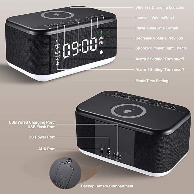 Alarm Clock Speaker Wireless Charger, Digital Alarm Clocks Bedrooms Bluetooth, Alarm Clock Dimmable Light Bedrooms Dual Alarm Snooze Dimmer 12 24H RGB Night Light Bluetooth USB AUX, Black-CubbioJoy