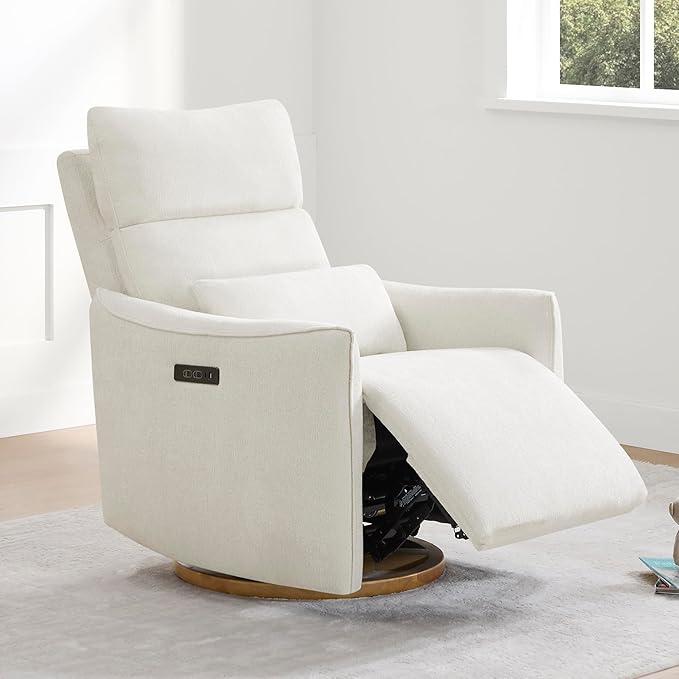 CHITA Swivel Rocker Recliner Chair, Power Nursery Glider Recliner, Nursery Rocking Chair with Adjustable Power Headrest, FSC Certified, Solid Wood Base, Cream-CubbioJoy