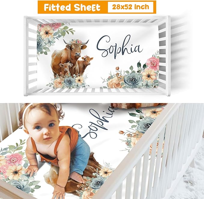 Custom Crib Bedding Set - Highland Cow Design Personalized Name Baby Nursery Bed 3 Pcs Set - Chic Soft Blanket with Dotted Backing, Sheet, Pillowcase for Newborn Girls Boys Gifts Color03-CubbioJoy