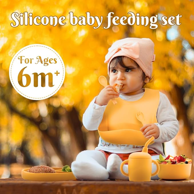 Silicone Baby Feeding Set 6 Pcs, Baby Led Weaning Supplies, Baby Feeding Supplies Set BPA Free, Baby Essentials for Newborn Gift Yellow-CubbioJoy