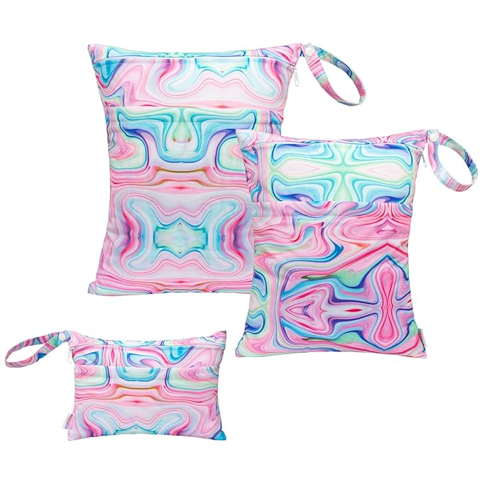 ALVABABY 3pcs Baby Cloth Diaper Wet/Dry Bags|Waterproof Reusable with Two Pockets|Travel, Beach, Pool, Daycare, Soiled Baby Items,Yoga，Gym Bag for Swimsuits or Wet Clothes Pink impression 3L-BS04-CubbioJoy