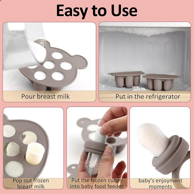 JEXFUN Silicone Baby Fruit Food Feeder Pacifier & Breastmilk Popsicle Freezer Molds, Double as Baby Teething Toys, Freezable Feeding Set for Breast Milk Ice Cubes, Food, Vegetable Purees - (Sand)-CubbioJoy
