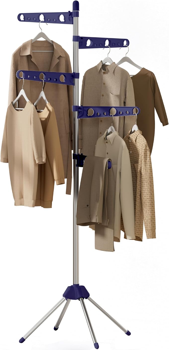 Clothes Drying Rack Foldable, 70.9 inch Tripod Drying Rack for 35 Pieces of Clothes, with Height-Adjustable Rotatable Clothes Rails, Space Saving, Stainless Steel, Blue and Silver CDR005Q01-CubbioJoy