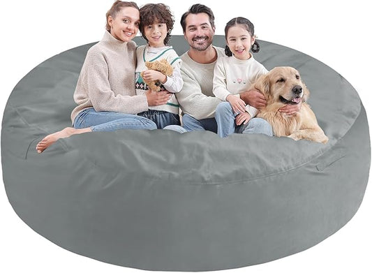 7FT Bean Bag Chair, Large Bean Bag Chairs with Memory Foam Filled, Fluffy Beanbag Sofa with Dutch Velvet Cover, Round BeanBag Chairs for Living Room, Playroom - Light Grey-CubbioJoy