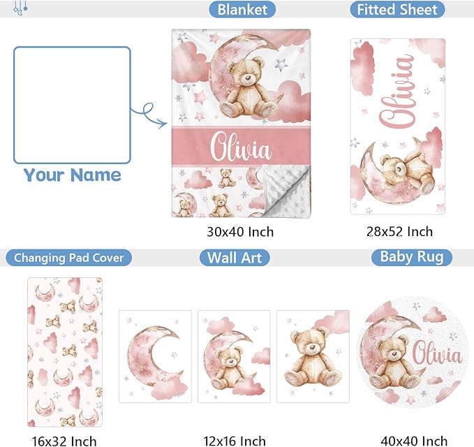 Custom Baby Crib Set, 5 Pcs Personalized Name Pink Bear Theme for Infants Toddlers, Nursery Bedding for Girls, Double Layer Customized Gifts-CubbioJoy
