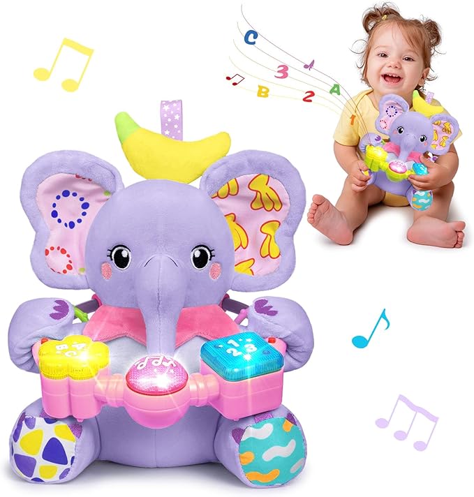 Baby Elephant Musical Stuffed Animals Toy with Light-Up Music & Crinkle Sound Paper,Infant Bilingual Early Learning Education Toys,Tummy Time Toys for 0-3-6-12+ Months Boy Girl, Purple-CubbioJoy