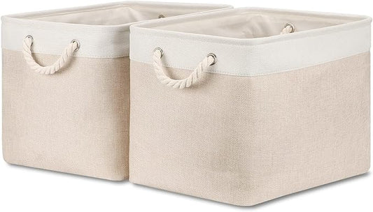 Bidtakay Beige Storage Basket Large Fabric Cloth Baskets [2-Pack] Tall Rectangular Shelf Baskets 16X11.8X11.8 in Canvas Collapsible Storage Bins with Handles for Organizing Living Room(White&Beige)-CubbioJoy