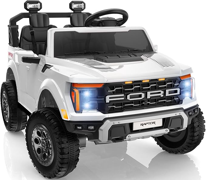 24V Kids Ride On Truck, Licensed Ford F-150 Raptor 2 Seater Electric Car w/Remote Control, Toddler Ride On Car Toys w/LED Lights, Bluetooth, Music, Truck Bed Storage, Soft Start (White)-CubbioJoy