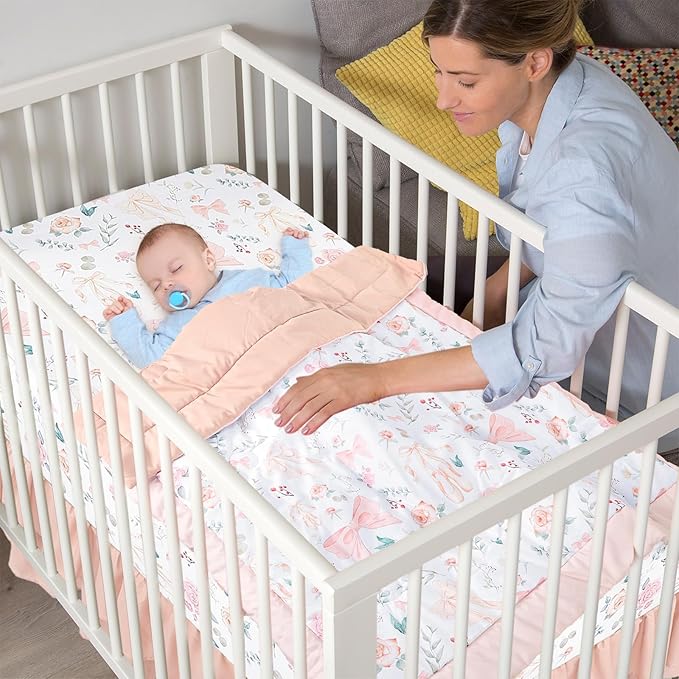 GFU Crib Bedding Set for Girls 4-Piece, Bow Baby Girl Crib Bedding Set Pink Flowes, Nursery Sets Includes Comforter, Fitted Crib Sheet, Crib Skirt, and Diaper Stacker-CubbioJoy