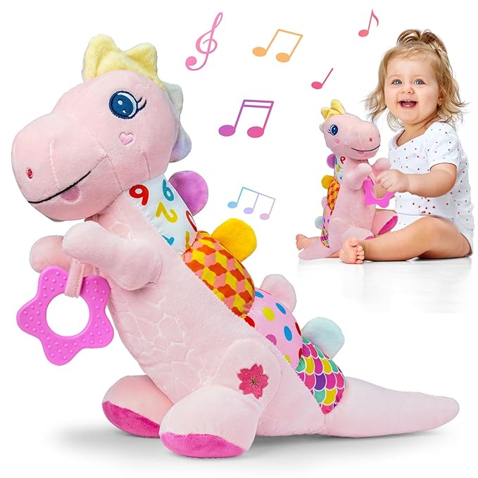 Baby Dino Plush Soft Stuffed Animal Toy for 0-3-6-12+ Months,Infant Musical Toy with Rattle,Squeaker,Sensory Crinkle,Teether & Textures,Tummy Time Toys Christmas Baby Gift for Newborn Girl(Pink)-CubbioJoy