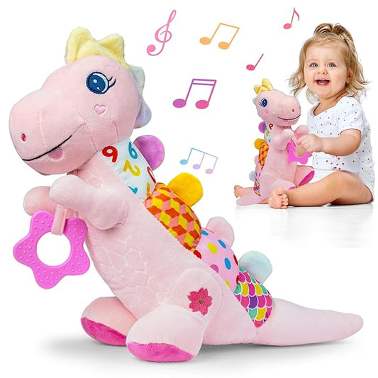 Baby Dino Plush Soft Stuffed Animal Toy for 0-3-6-12+ Months,Infant Musical Toy with Rattle,Squeaker,Sensory Crinkle,Teether & Textures,Tummy Time Toys Christmas Baby Gift for Newborn Girl(Pink)-CubbioJoy