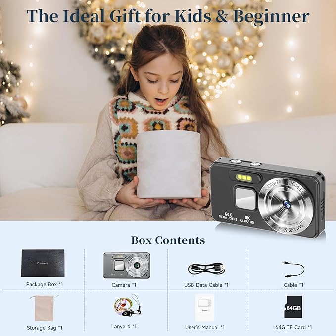 Digital Camera, Autofocus 4K 64MP Point and Shoot Digital Cameras for Teens with 64GB Card, 18X Zoom Anti-Shake Compact Video Camera for Student Kids Boys Girls Beginner - Black-CubbioJoy
