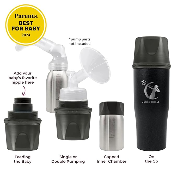 CERES CHILL Mini Breastmilk Chiller Demigoddess, Up to 12 oz. Reusable Storage Container, Keeps Milk at Safe Temperatures for Up to 16 Hours, Bottle Cooler, Connects w/Most Pumps (Shimmering Black)-CubbioJoy