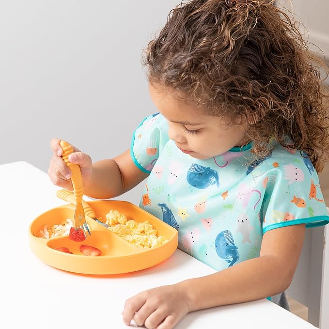 Bumkins Toddler Utensils, Kids Size Fork and Spoon Set, Silicone and Stainless-Steel Training Silverware, Angled Forks / Sporks for Self-Feeding, Children Learning to Eat, 18 Mos Up, Tangerine Orange-CubbioJoy