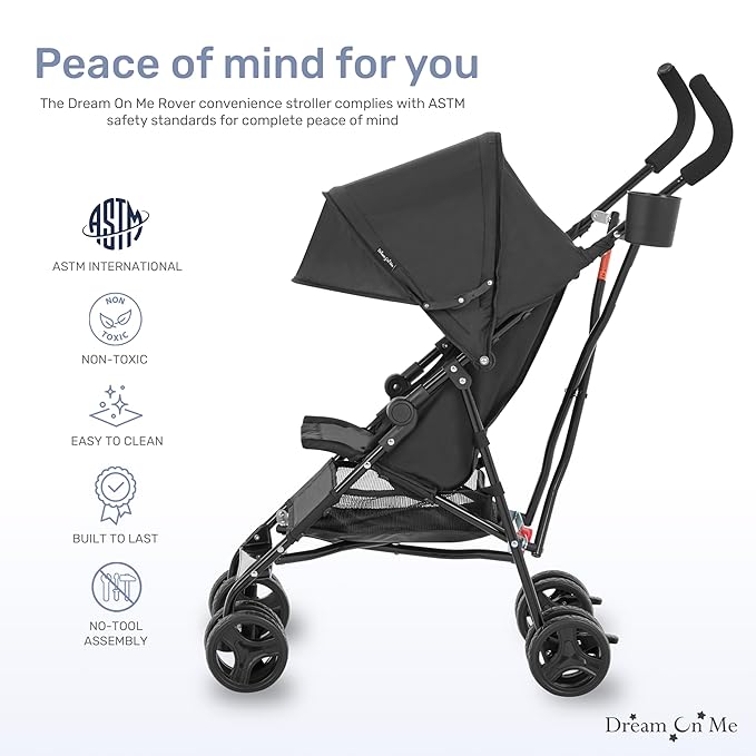Dream On Me Rover Convenience Baby Stroller in Black, Lightweight & Compact Umbrella Stroller, Easy one-Hand fold Travel Stroller, Lockable Rear Wheels, Removable & Adjustable Canopy-CubbioJoy