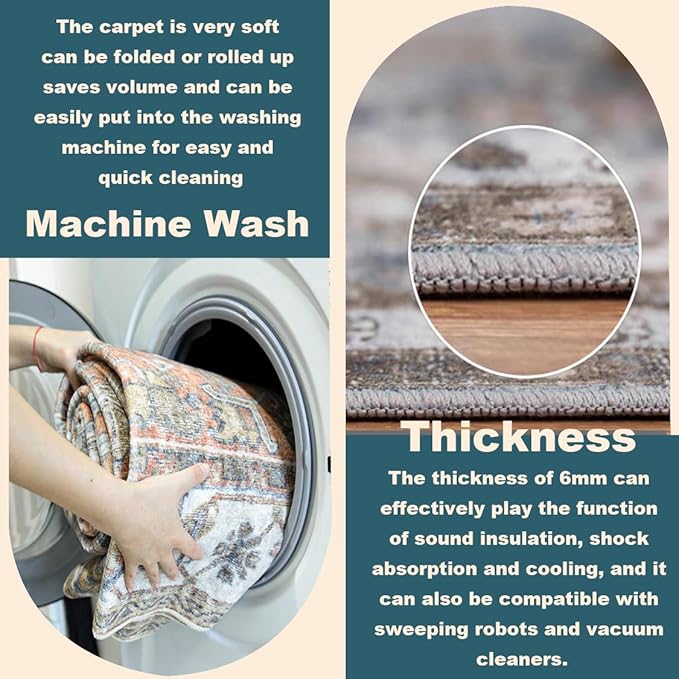 Area Rug 9'x12' Washable Vintage Traditional Mat Distressed Indoor Foldable Thin Retro Accent Floral Print Non Slip Carpet for Living Room Dining Room Office Large Rugs-CubbioJoy